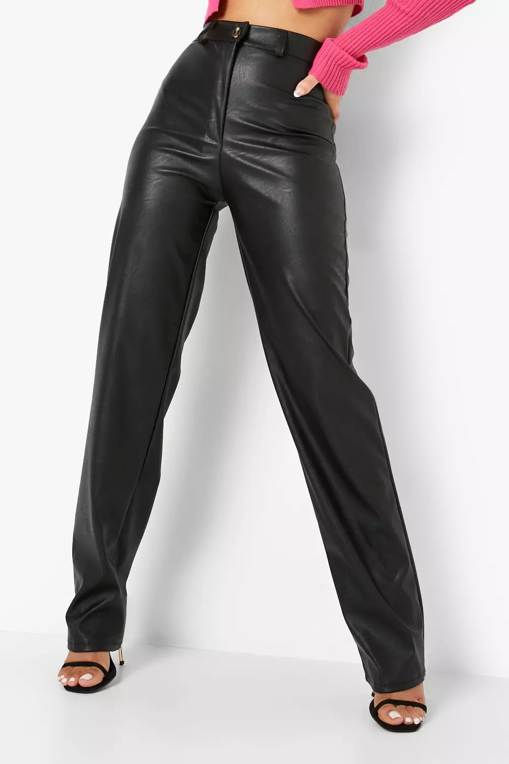 Petite Wide Leg Leather Look Trousers