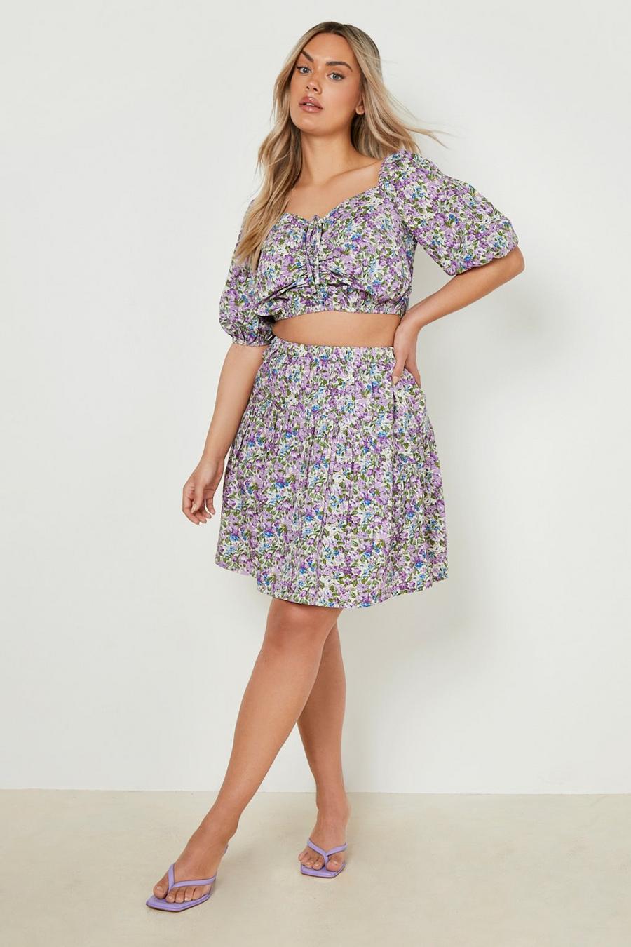 Lilac Plus Floral Volume Sleeve Crop & Skirt Co-Ord image number 1