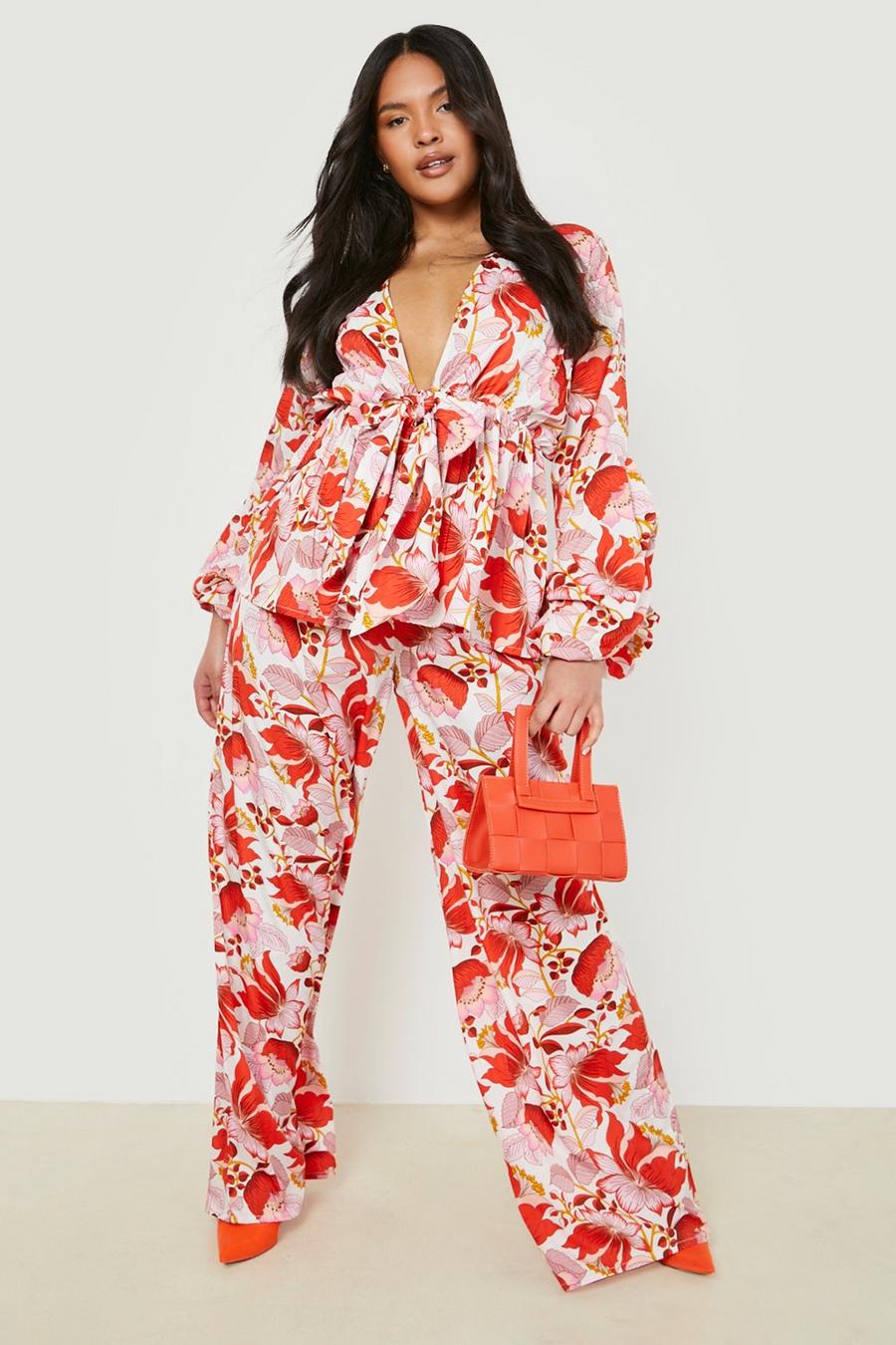 Red Plus Floral Peplum Top & Wide Leg Trouser image number 1