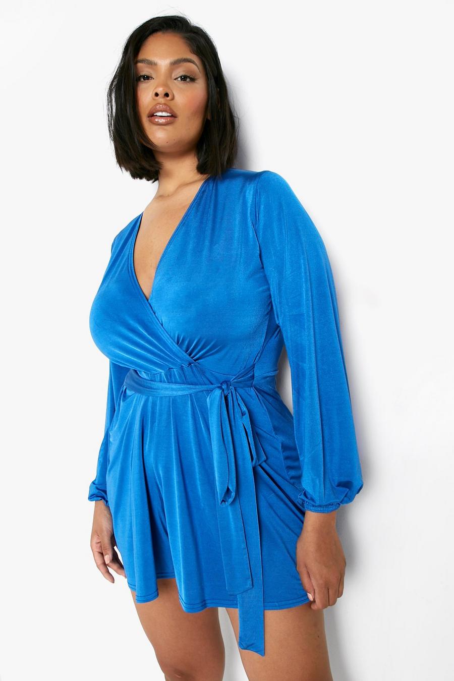 Blue Plus Disco Slinky Wrap Belted Playsuit 