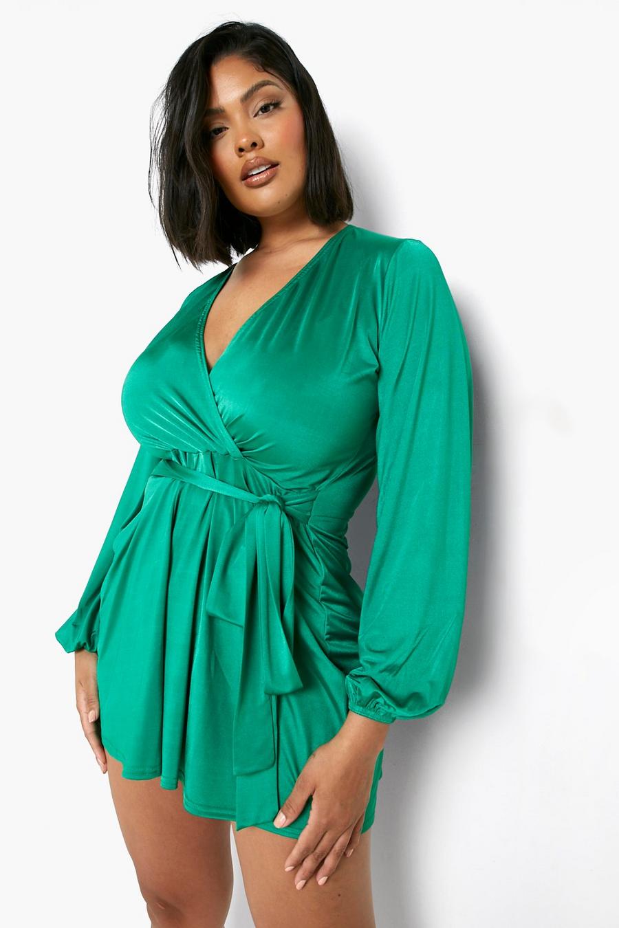 Green Plus Disco Slinky Wrap Belted Playsuit image number 1