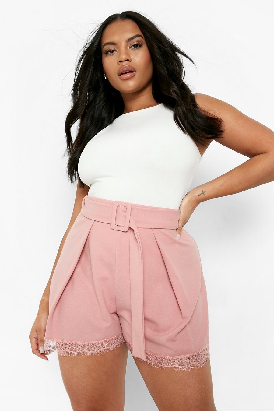 Rose rosa Plus Tailored Belted Lace Hem Shorts