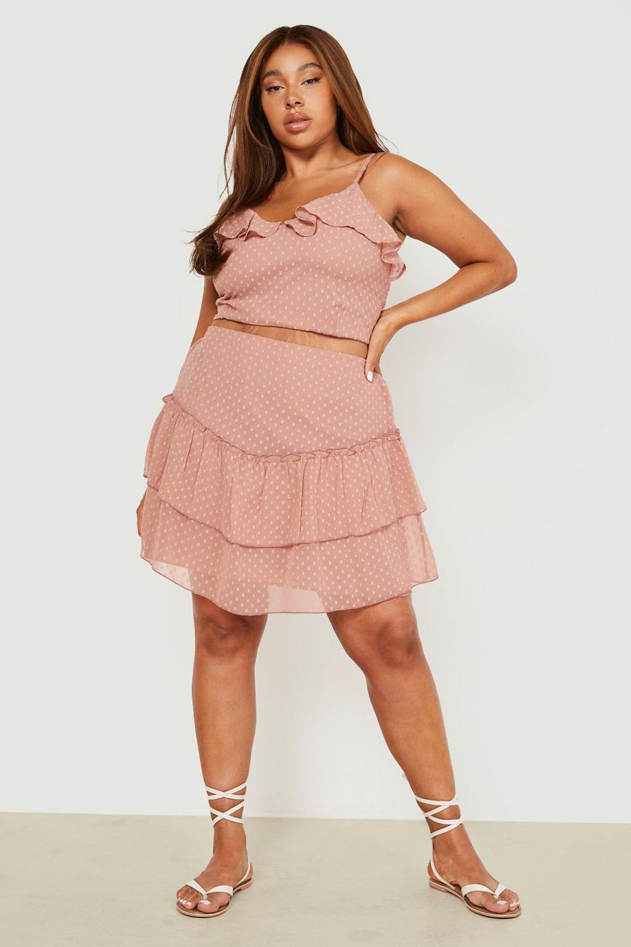 Nude Plus Dobby Mesh Longline Crop Top & Skirt Two-Piece image number 1