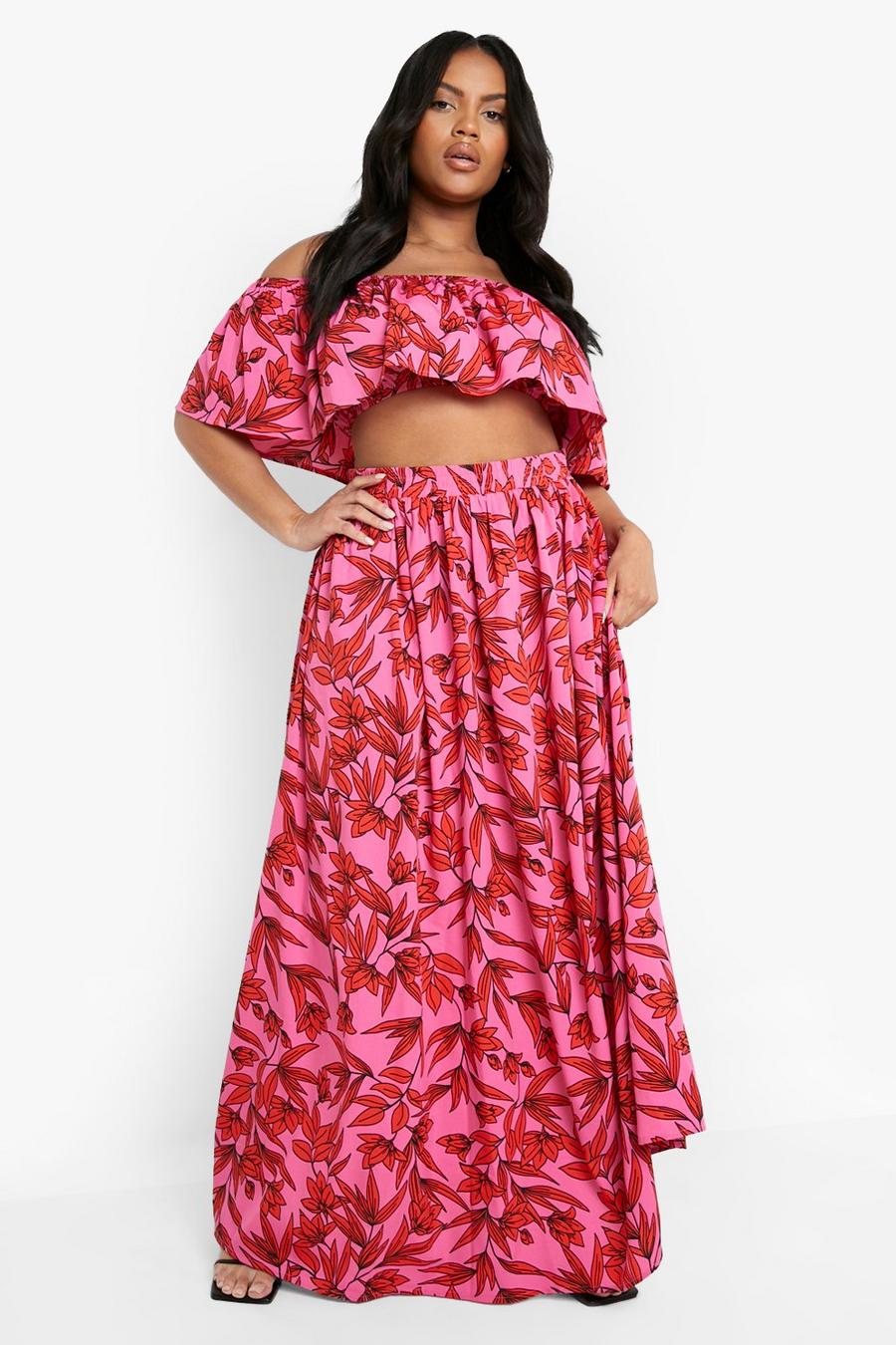 Set coordinato Plus Size crop top con stampa & gonna maxi, Pink rosa image number 1