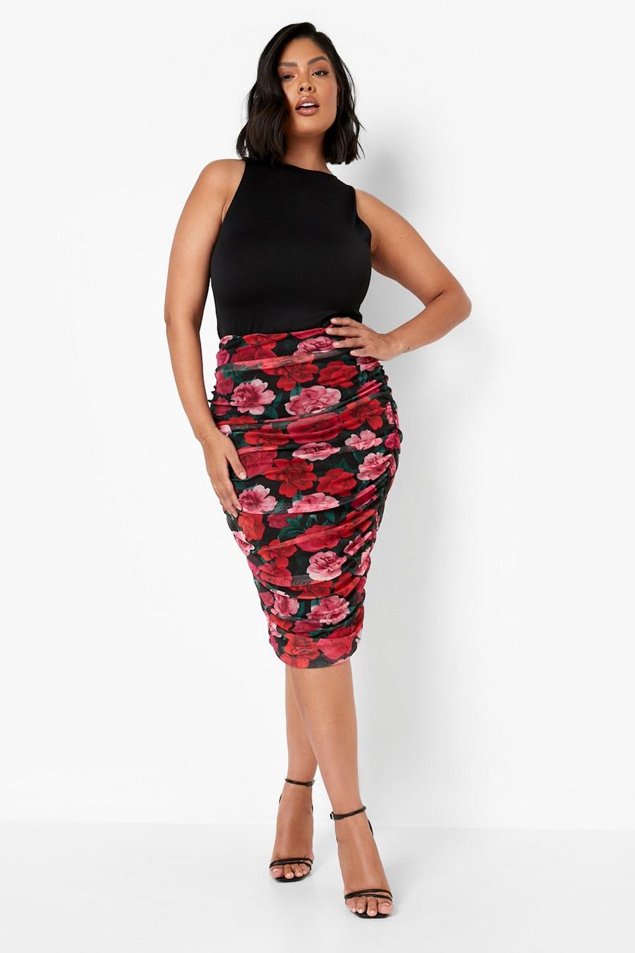 Black Plus Rose Print Ruched Mesh Midi Skirt image number 1