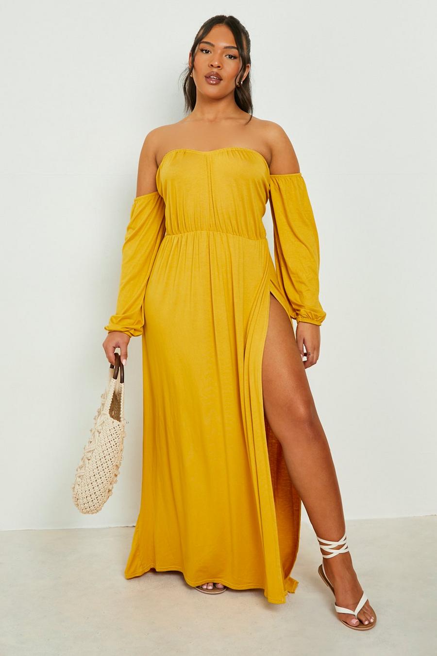 Mustard yellow Plus Bardot Balloon Sleeve Maxi Dress