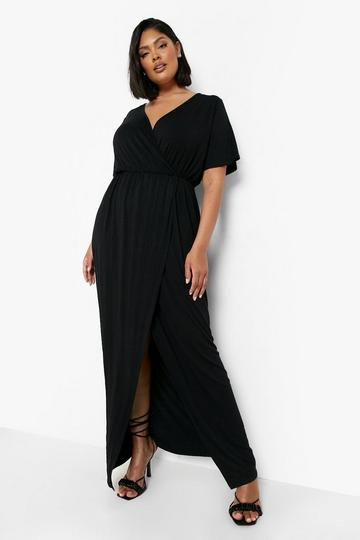 Plus Angel Sleeve Wrap Maxi Dress black