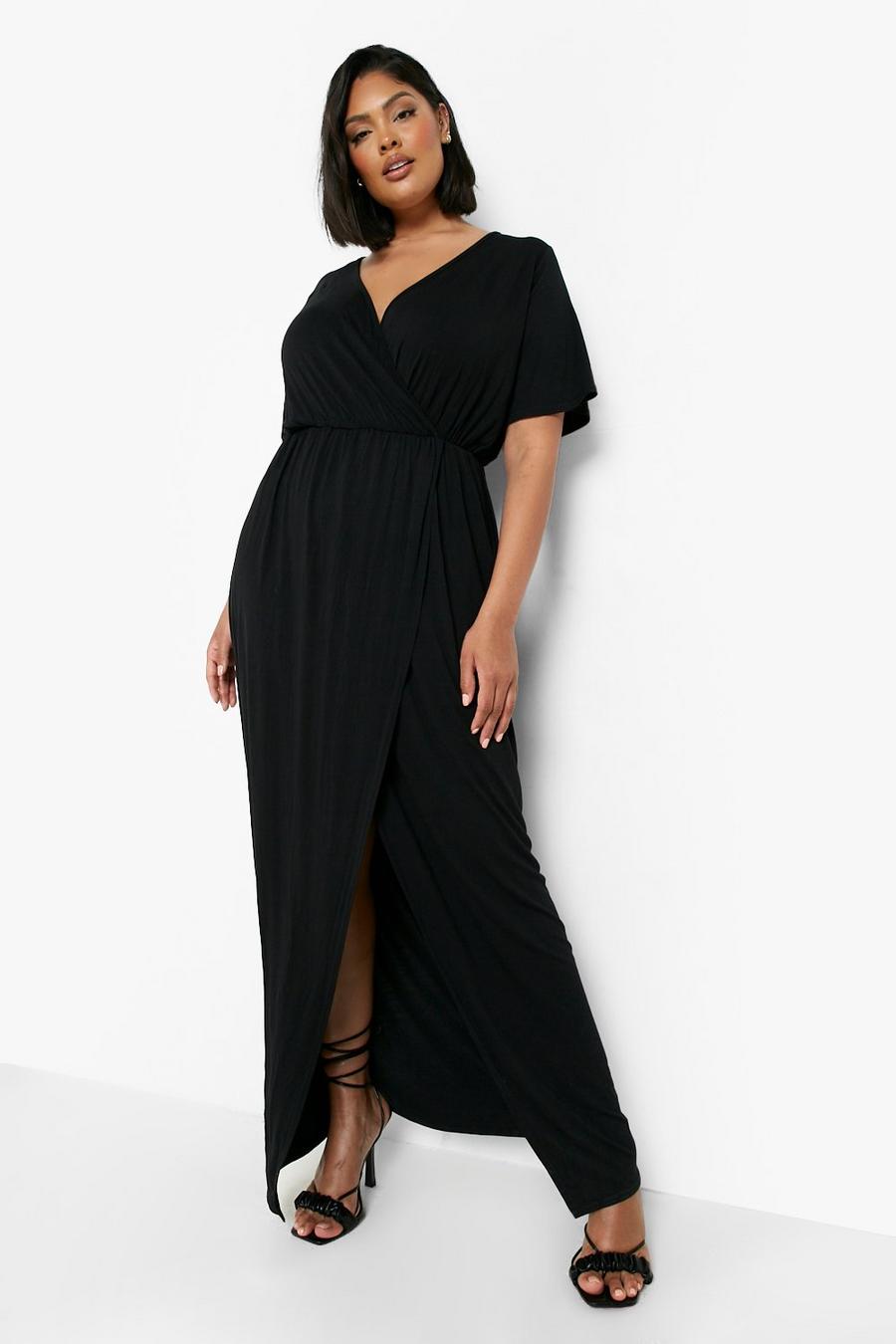 Black schwarz Plus Angel Sleeve Wrap Maxi Dress