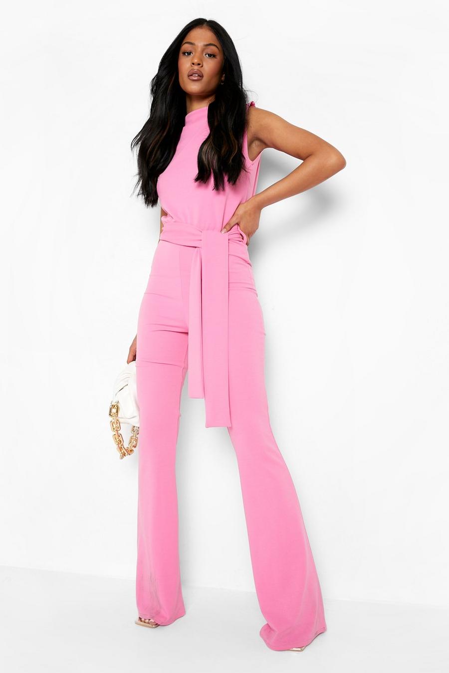 Candy pink Tall High Neck Open Back Tie Detail Jumpsuit image number 1