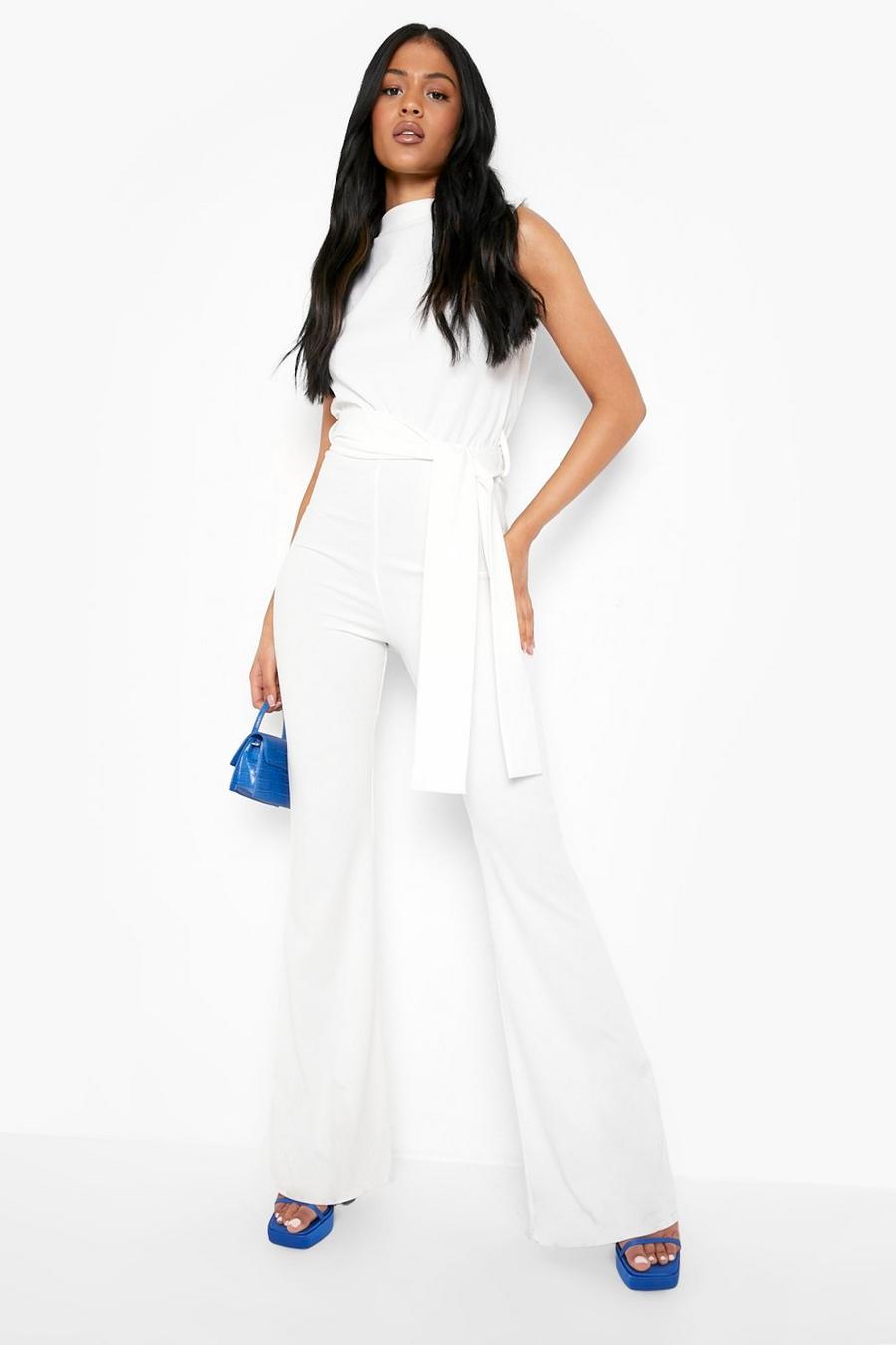 Ivory white Tall High Neck Open Back Tie Detail Jumpsuit