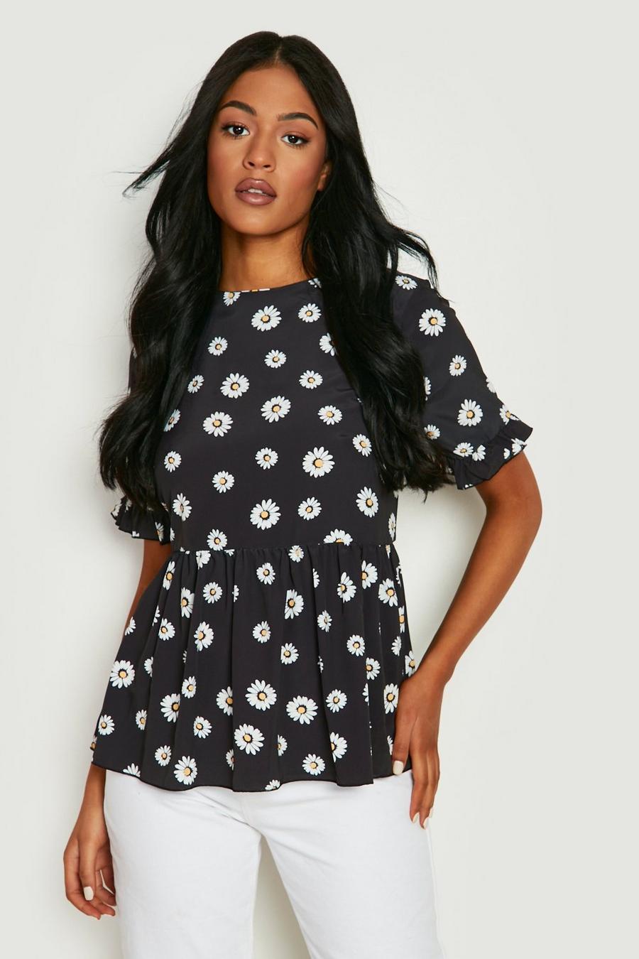 Black Tall Woven Daisy Print Frill Sleeve Smock Top image number 1