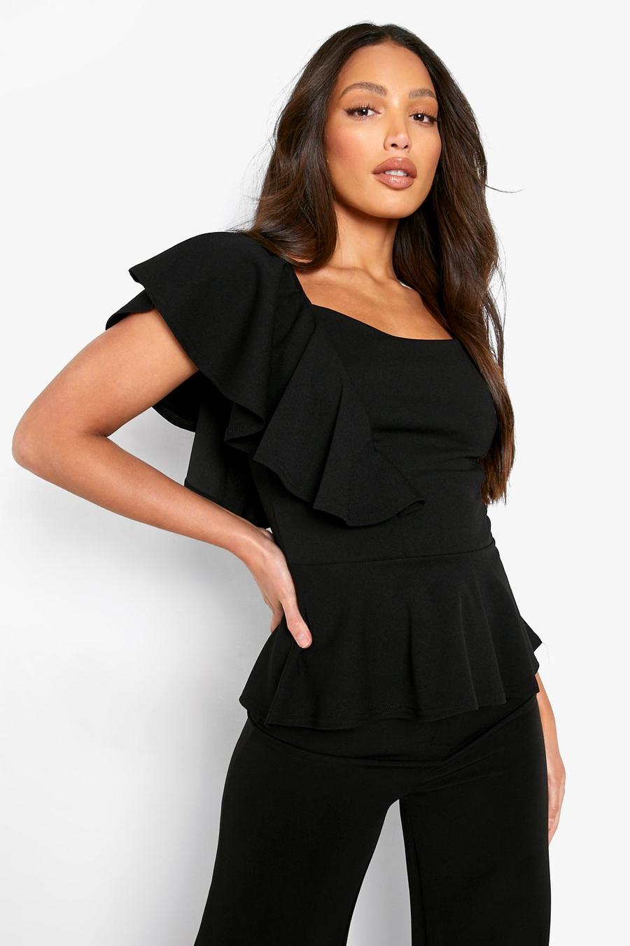 Black Tall Frill Detail Strappy Peplum Top image number 1