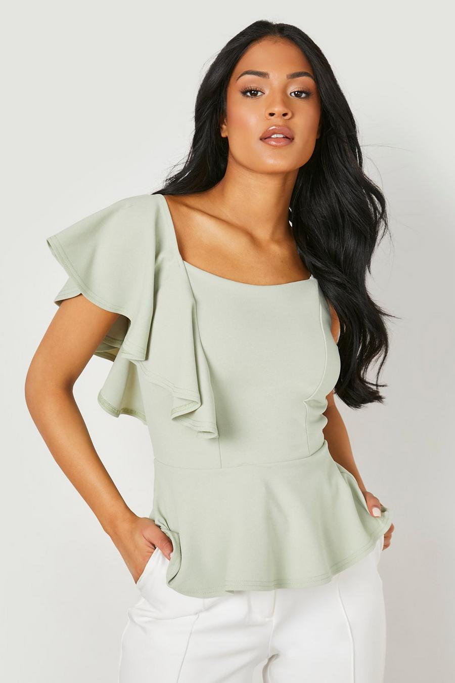 Sage Tall Frill Detail Strappy Peplum Top image number 1