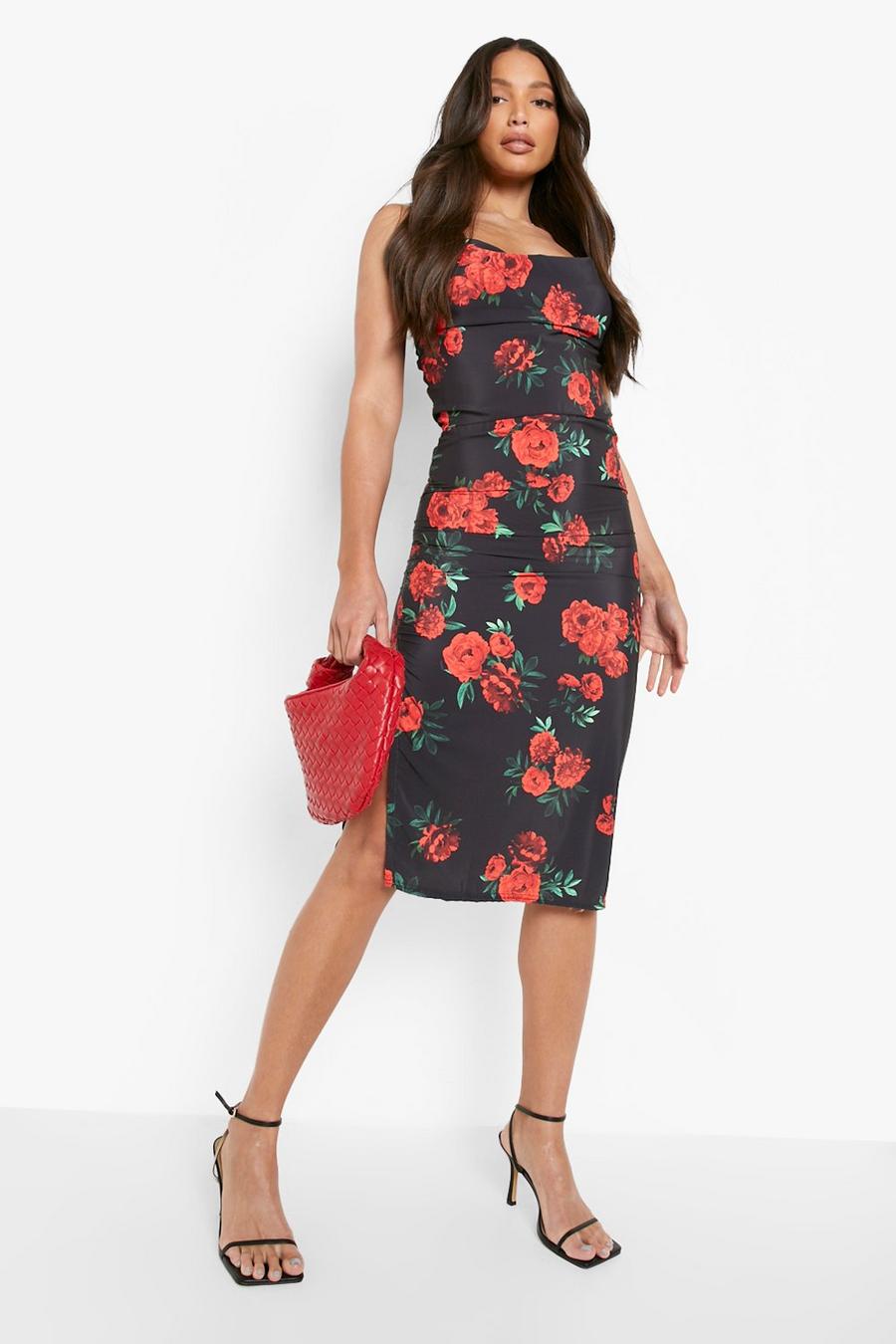 Black Tall Rose Print Cowl Neck Strappy Midi Dress image number 1