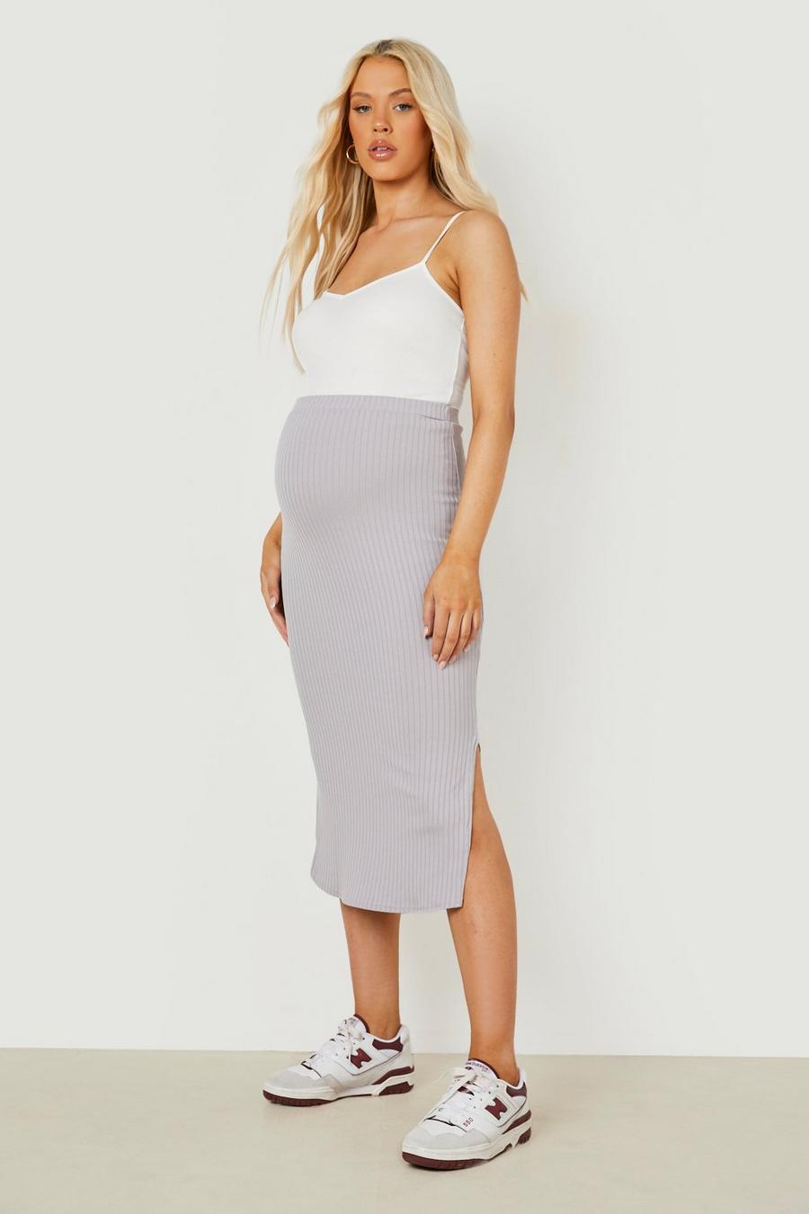 Grey grau Maternity Rib Split Hem Midi Skirt image number 1