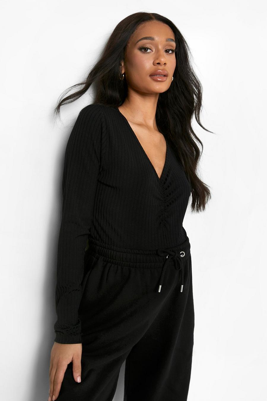 Black Maternity Rib Ruched Front Top