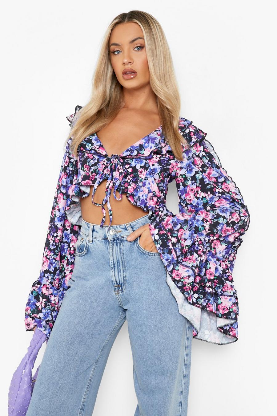 Blue Floral Print Ruffle Top image number 1
