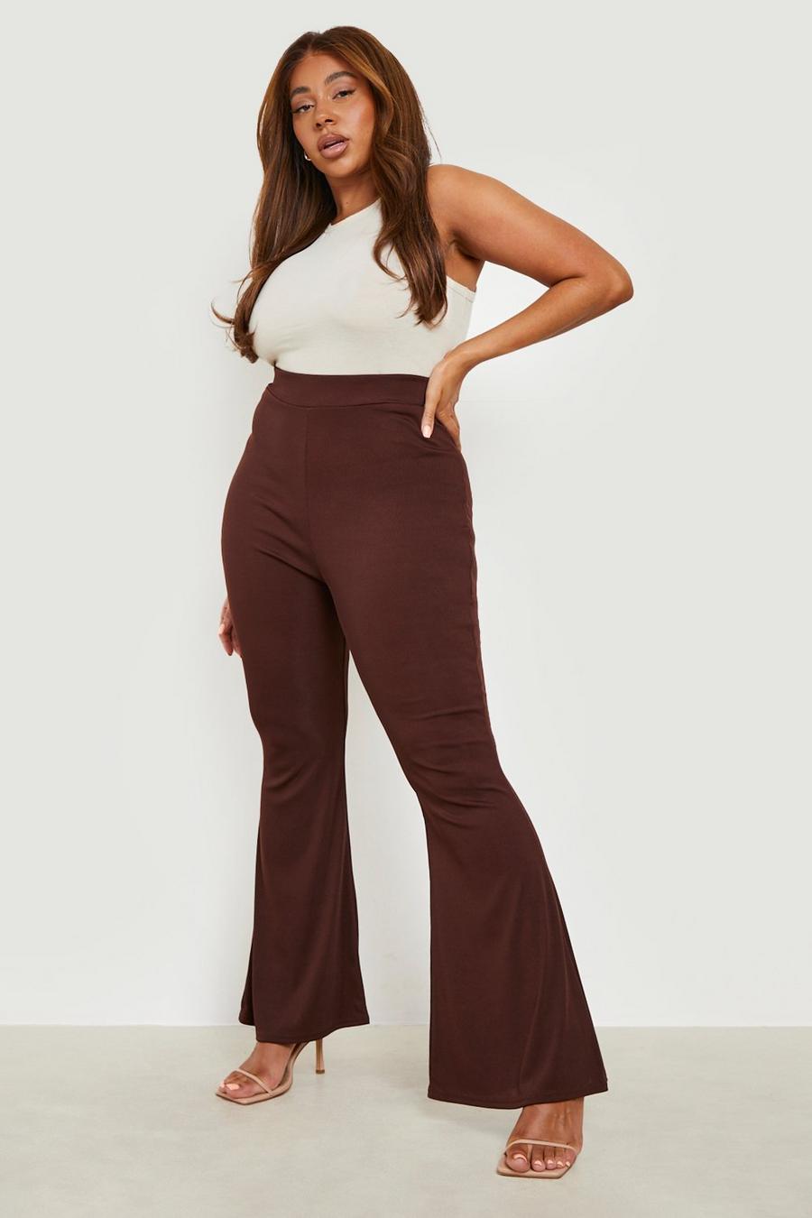 Chocolate brown Plus Knitted Rib Flare Trouser