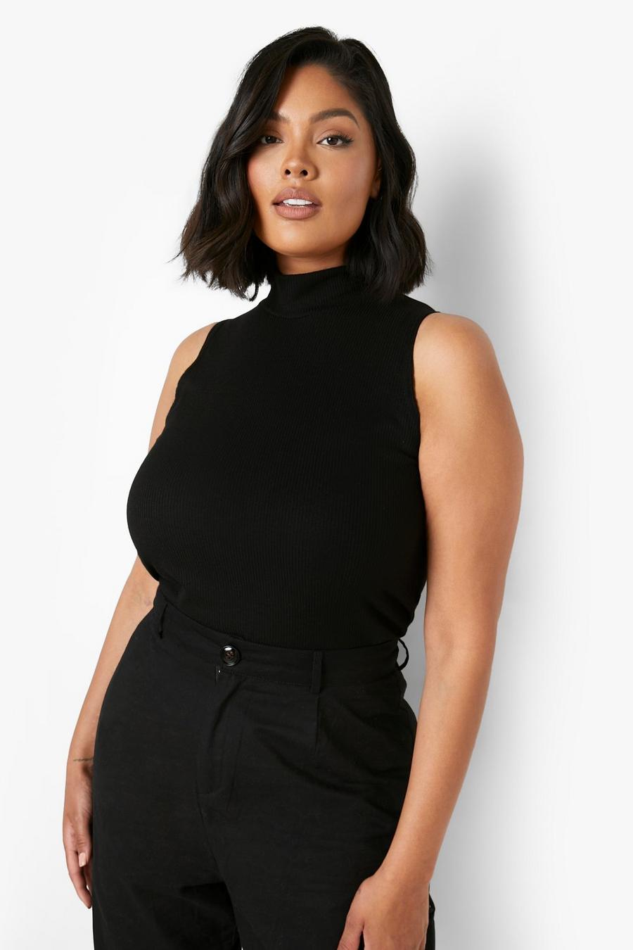Black Plus Knitted Rib High Neck Top image number 1