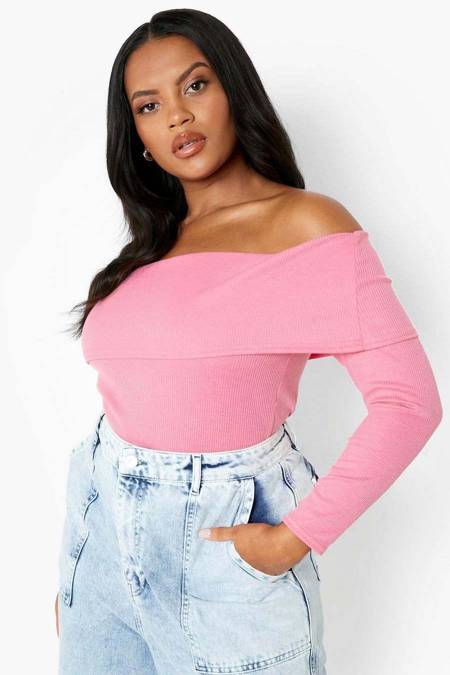 Body Plus Size in maglia a coste con scollo Bardot, Pink image number 1