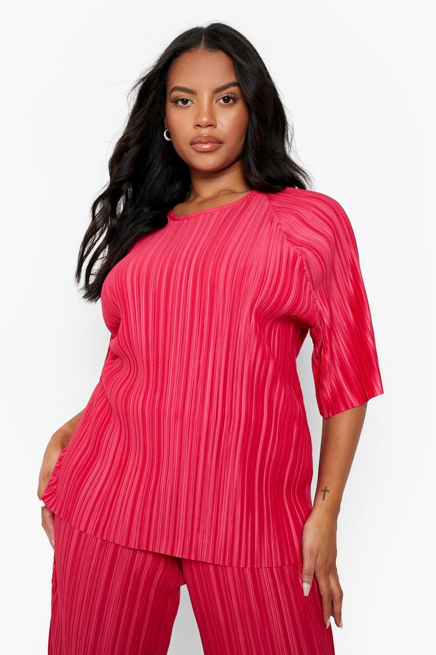 Raspberry pink Plus Plisse Co-ord T-shirt image number 1