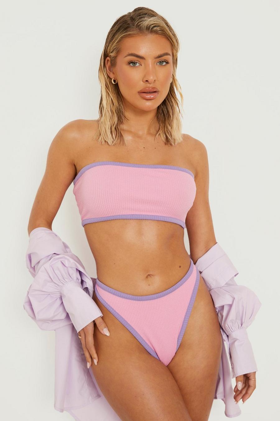 Top de bikini texturé style bandeau contrastant, Pink image number 1