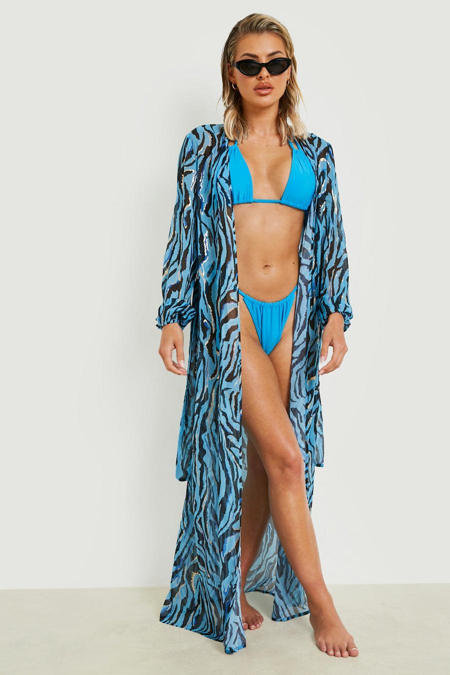 Blue blå Zebra Chiffon Belted Maxi Beach Kimono