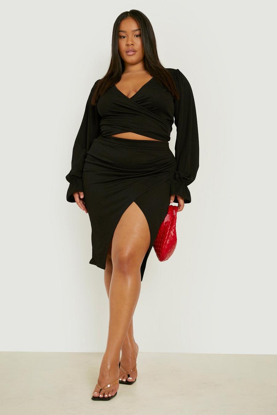 Black Plus Wrap Top And Midi Skirt Co-ord image number 1