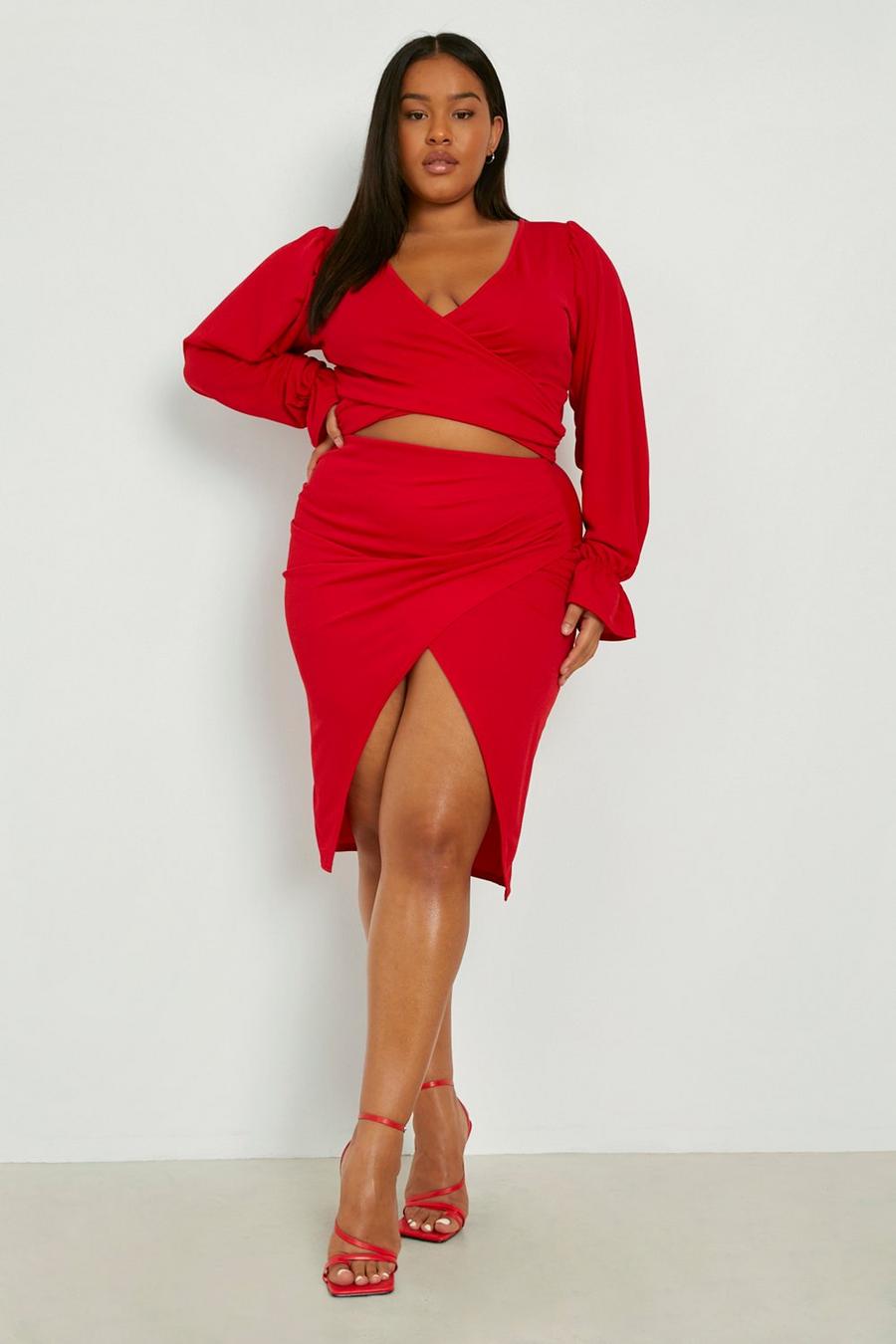 Red Plus Wrap Top And Midi Skirt Co-ord image number 1
