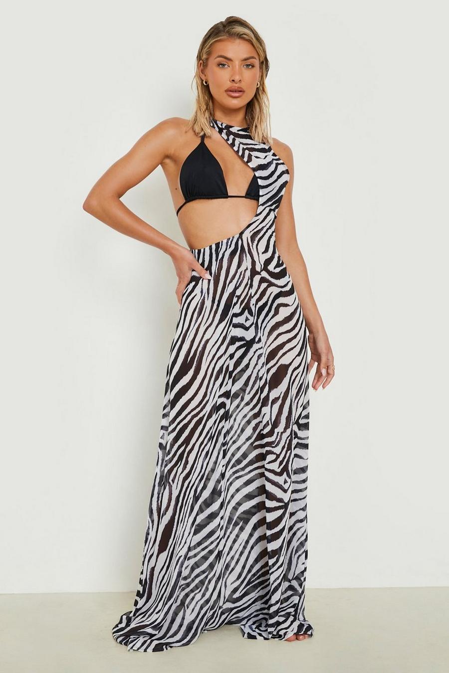 Vestido maxi para la playa asimétrico Premium con estampado de cebra, Zebra image number 1