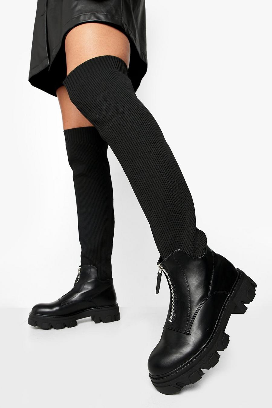 Black Over The Knee Zip Detail Boots image number 1