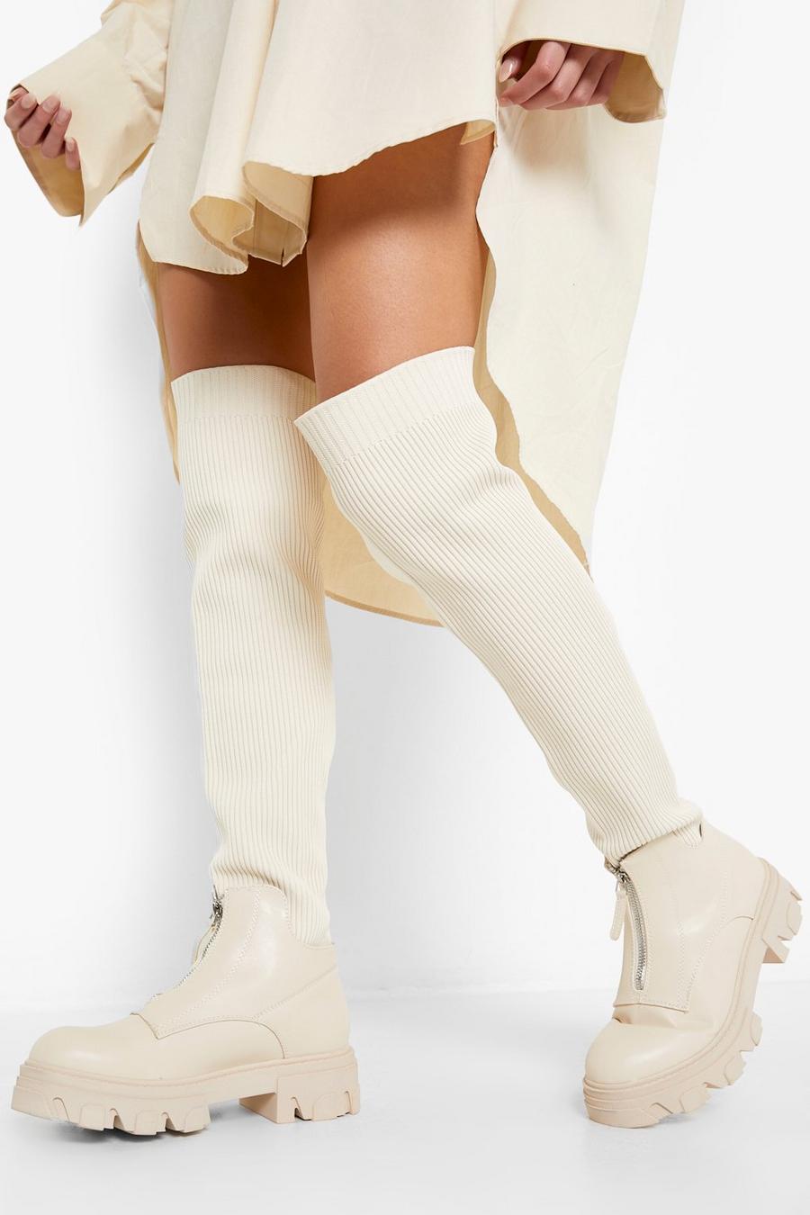 Cream Over The Knee Zip Detail Boots image number 1