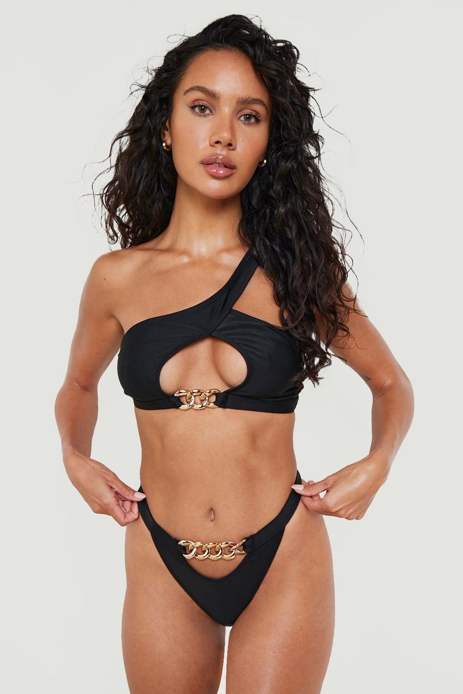 Bas de bikini tanga à découpes et chaîne, Black image number 1