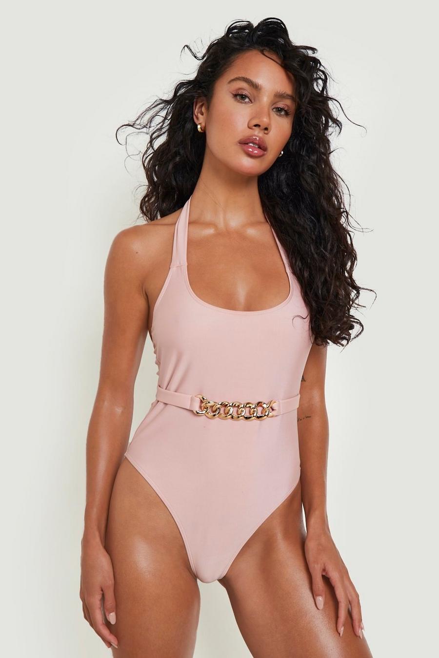 Champagne Chain Trim Belted Plunge Swimsuit image number 1
