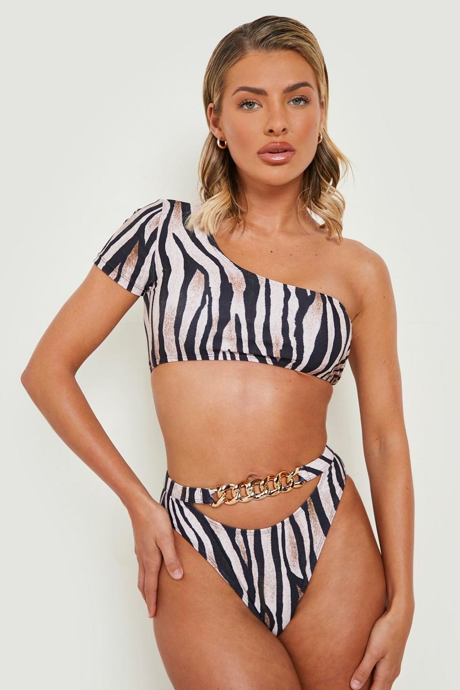 Slip bikini tigrato con cut-out rifinito con catena, Stone beige