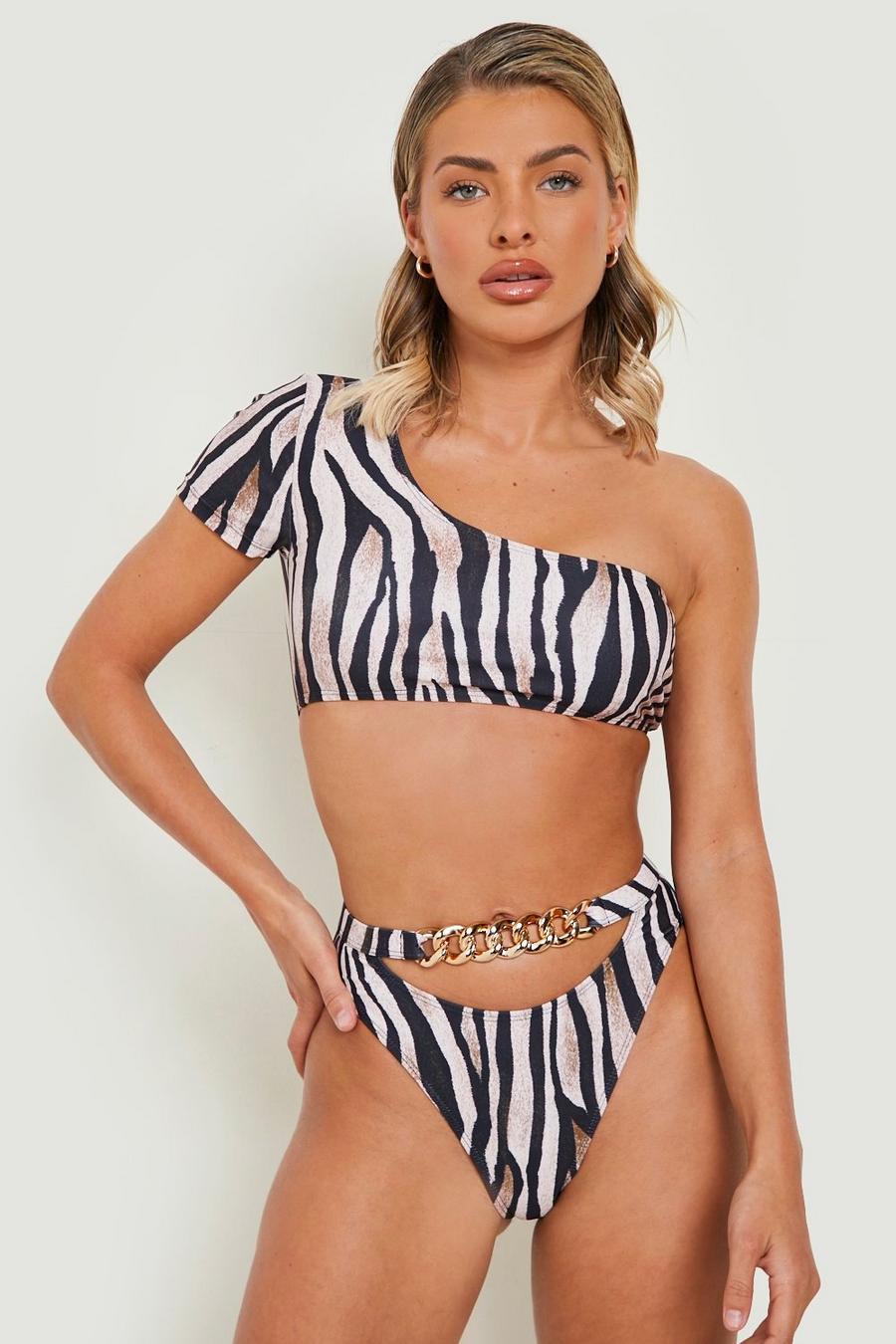 Stone beige Tiger One Shoulder Sleeve Bikini Top