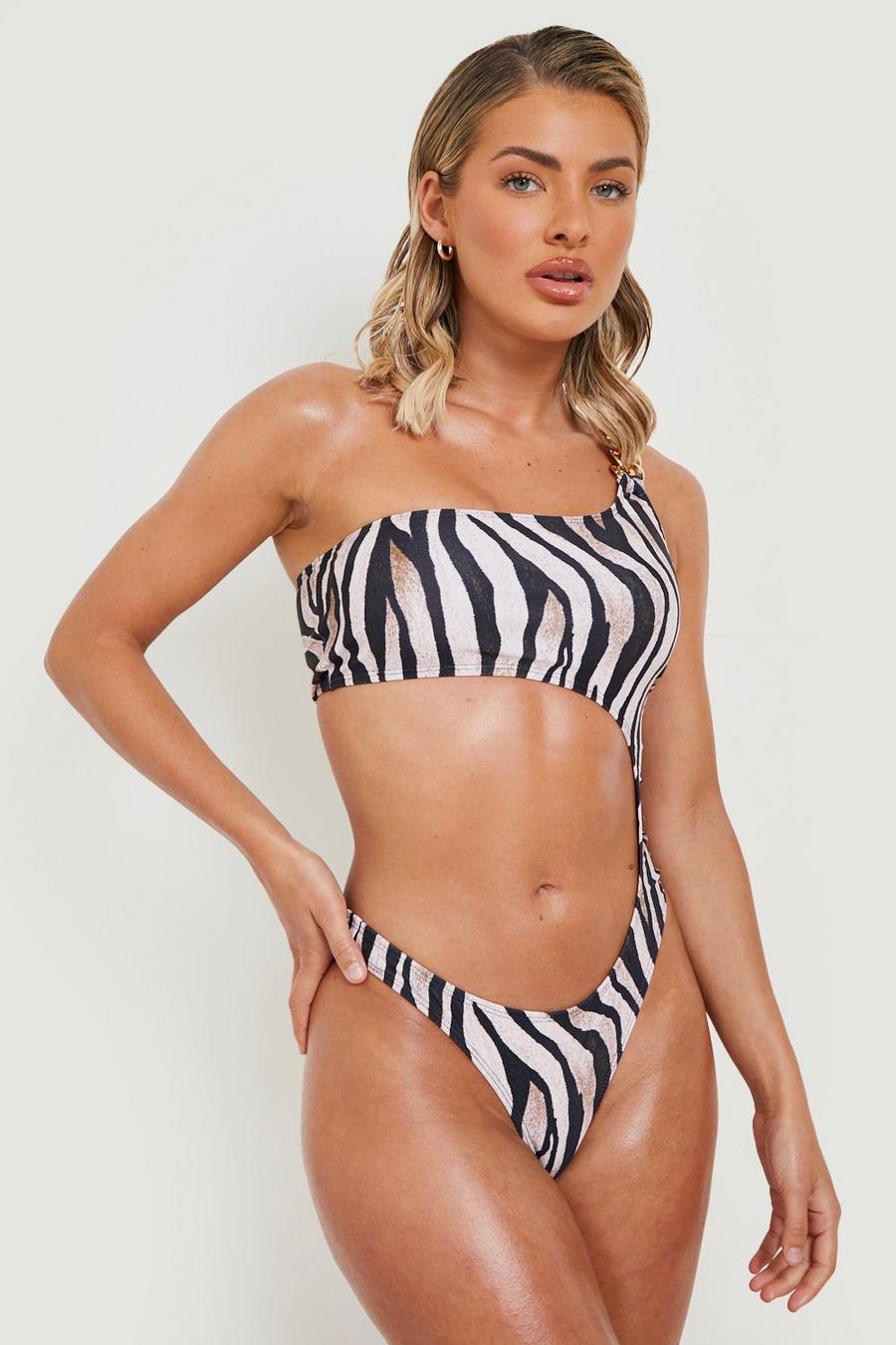Stone Tiger Chain Trim One Shoulder Swimsuit image number 1
