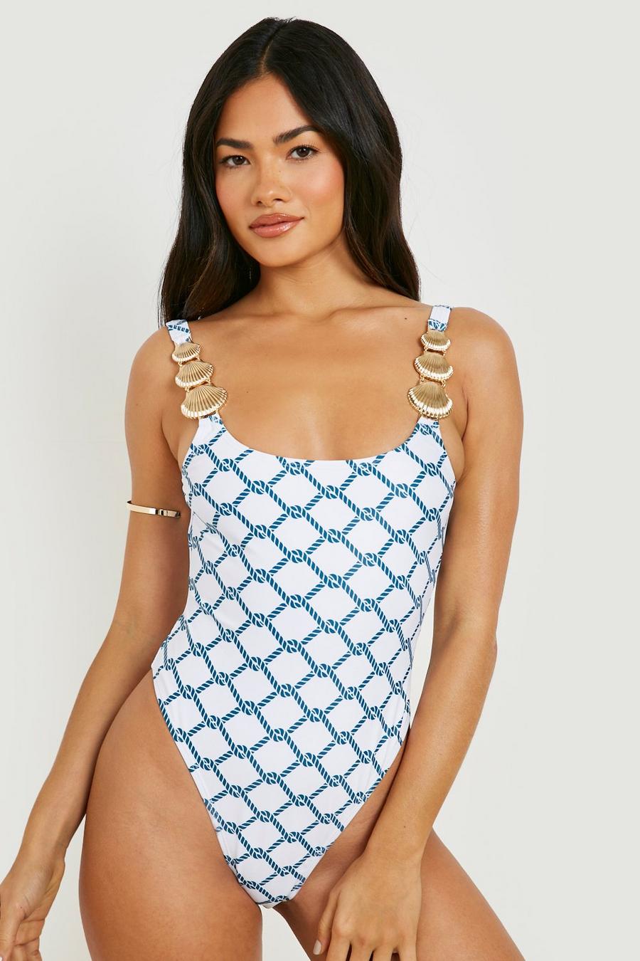 White Nautical Shell Trim Scooped Swimsuit image number 1
