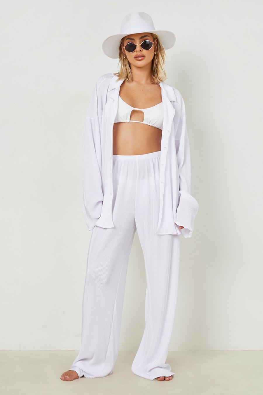 White Plisse Wide Leg Beach Trousers image number 1