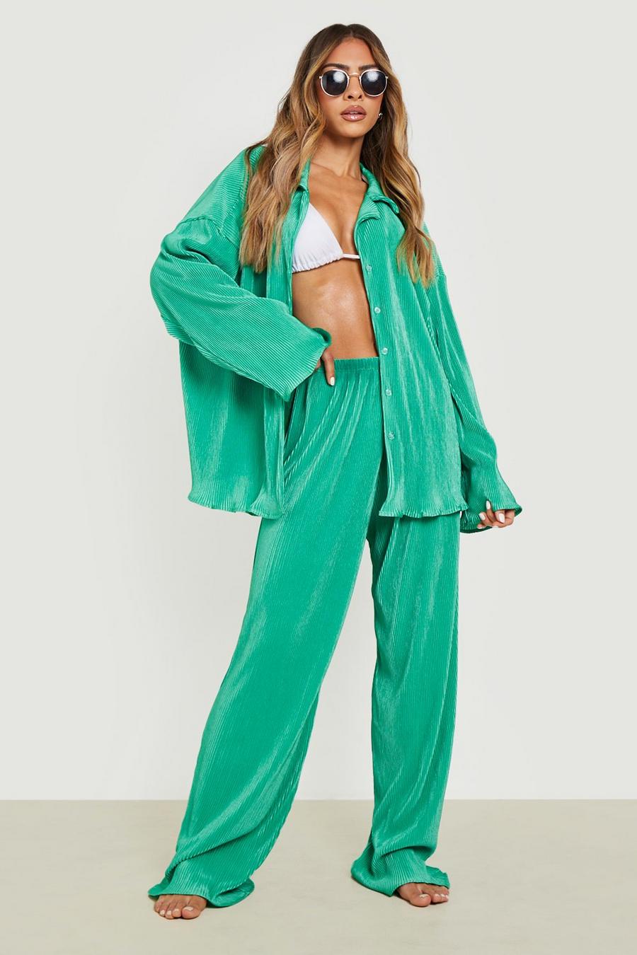 Green Plisse Wide Leg Beach Trousers image number 1