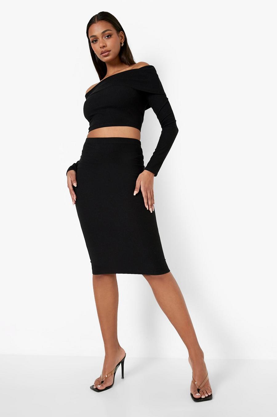 Black Ribbed Bardot Long Sleeve Top & Midi Skirt image number 1