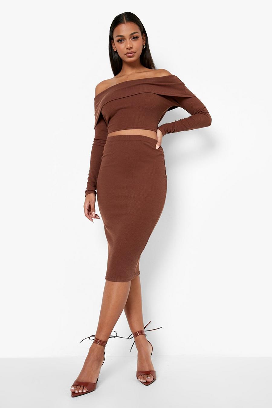 Chocolate Ribbed Bardot Long Sleeve Top & Midi Skirt image number 1