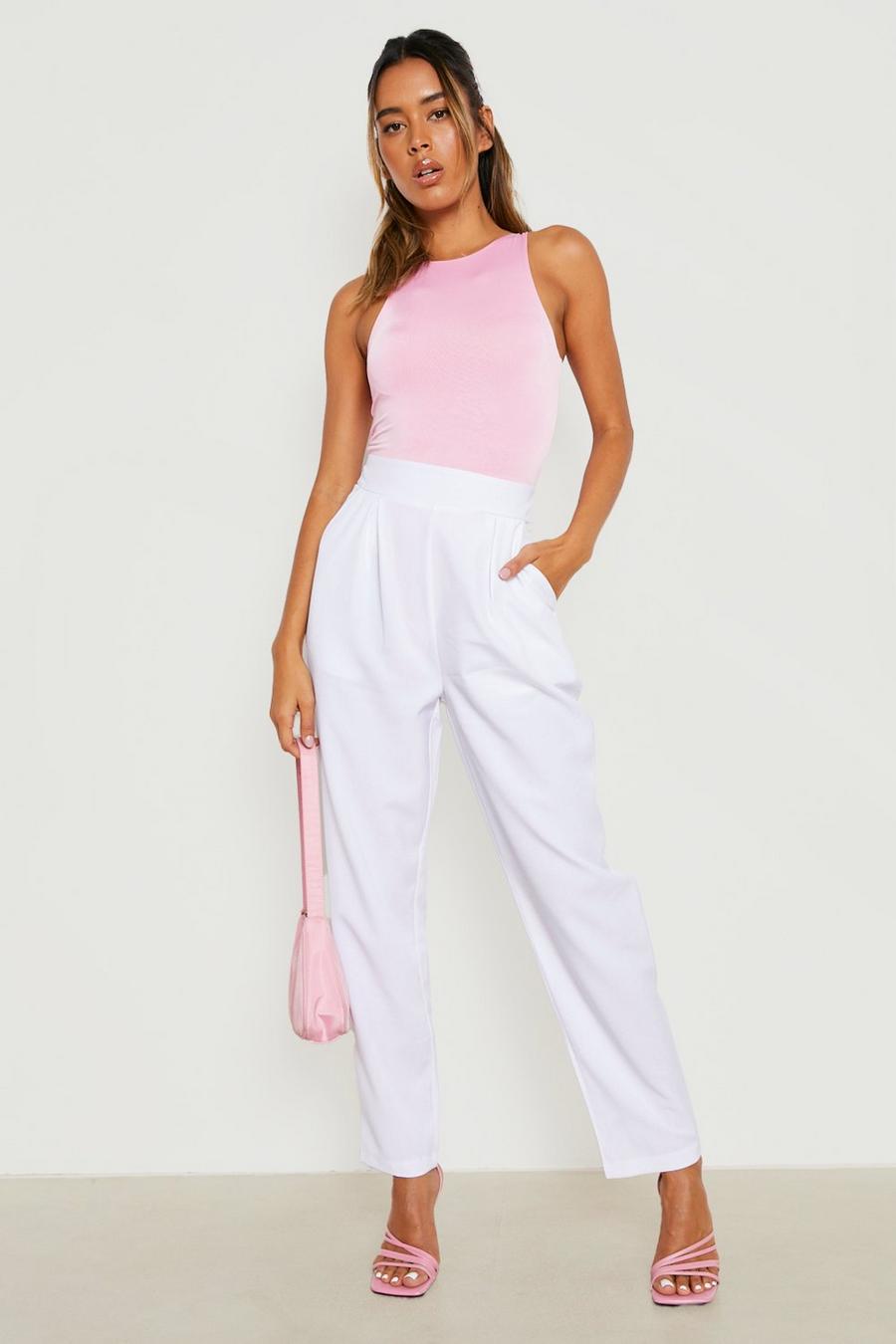 White Pleat Front Tapered Dress Pants