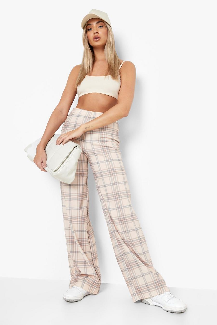 Beige beis Check Print Straight Leg Crepe Trouser image number 1