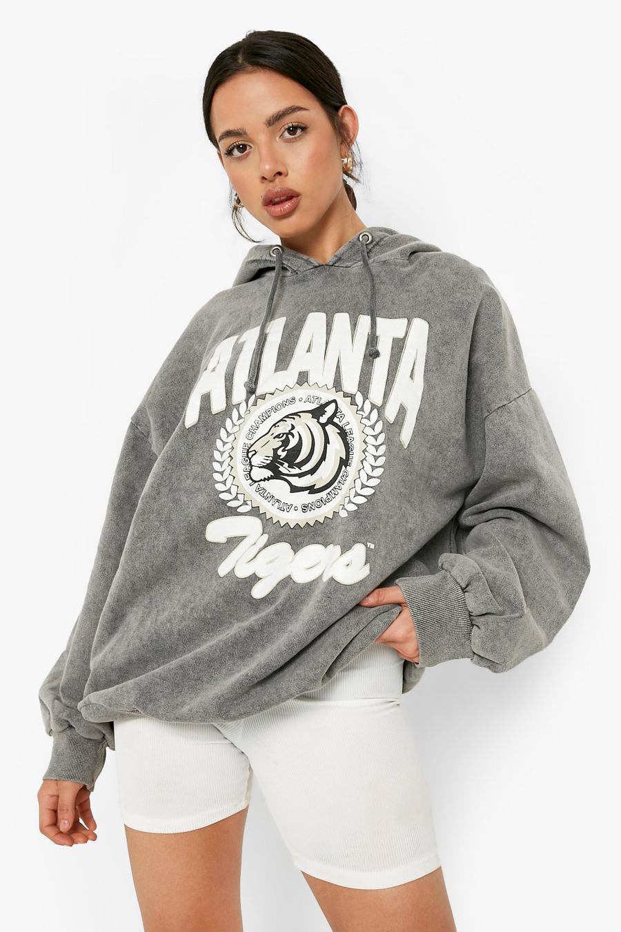 Sweat à capuche oversize délavé à slogan Atlanta, Charcoal gris