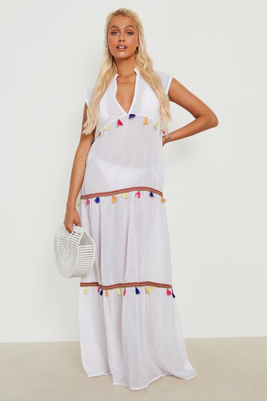 לבן blanco שמלת חוף באורך מקסי עם פרנזים image number 1