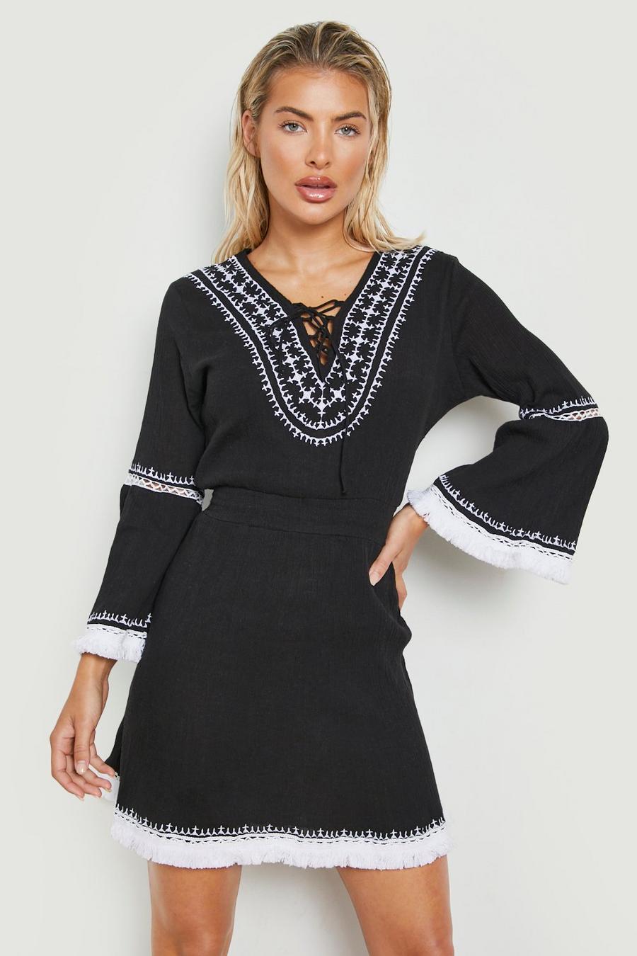 Black Embroidered Tie Beach Dress image number 1