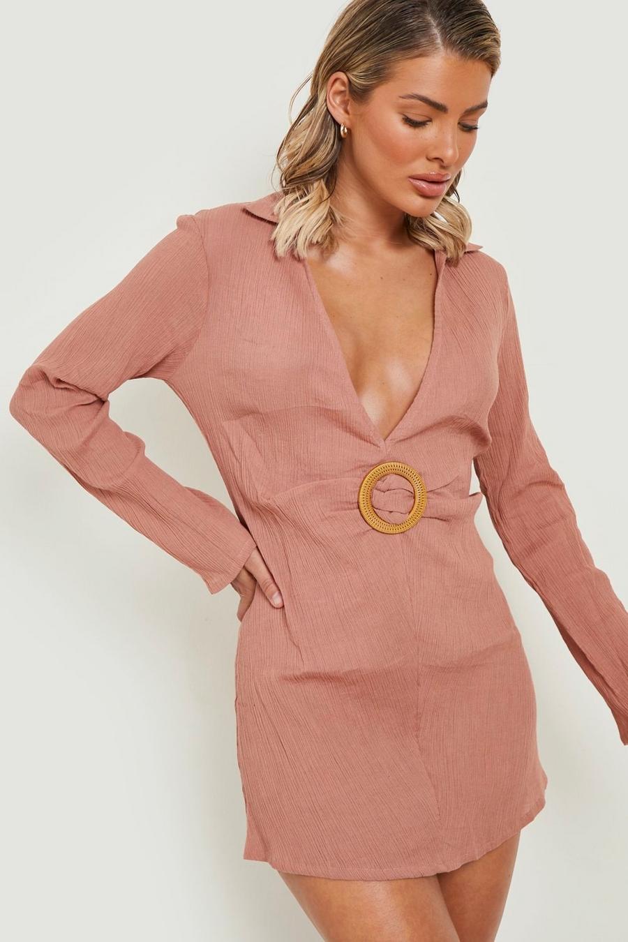 Nude Cheesecloth O-ring Beach Shirt Dress image number 1
