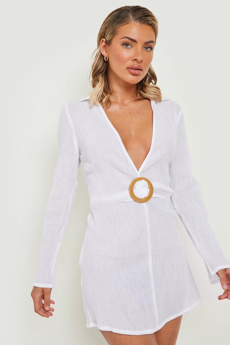 White Cheesecloth O-ring Beach Shirt Dress