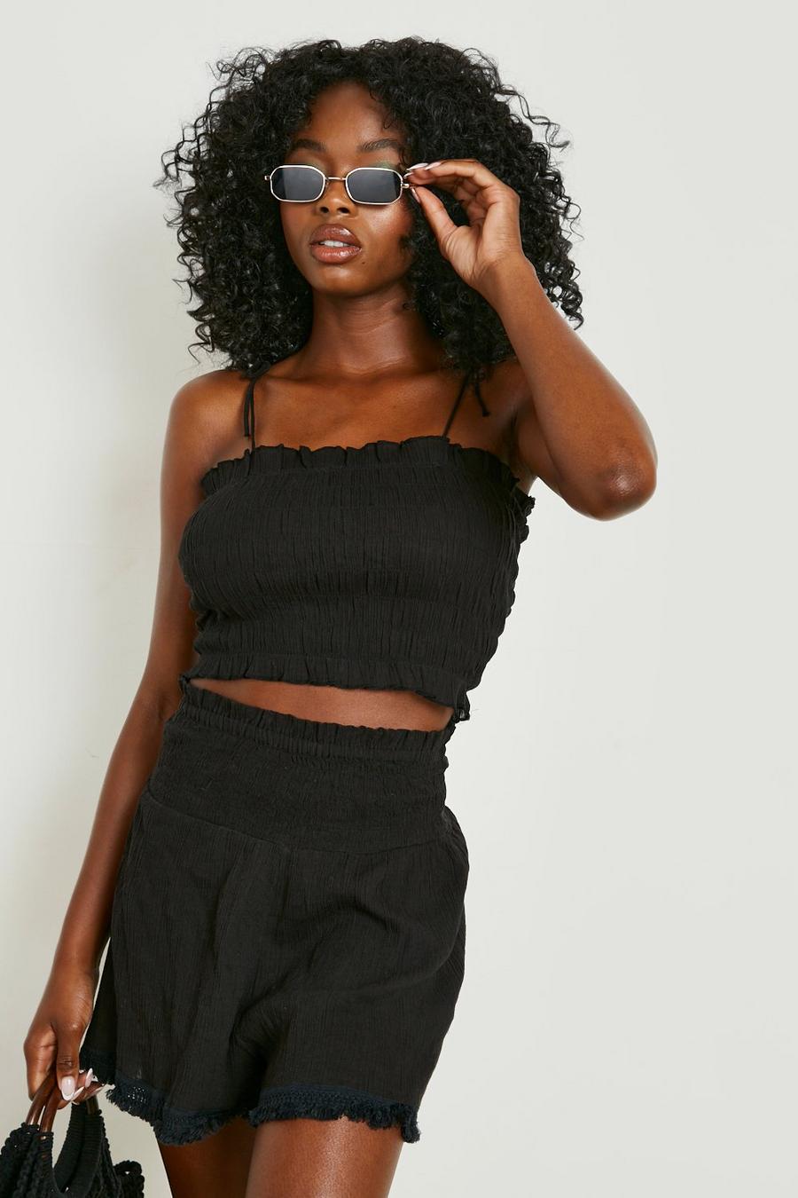 Black Cheesecloth Shirred Waist Beach Short image number 1